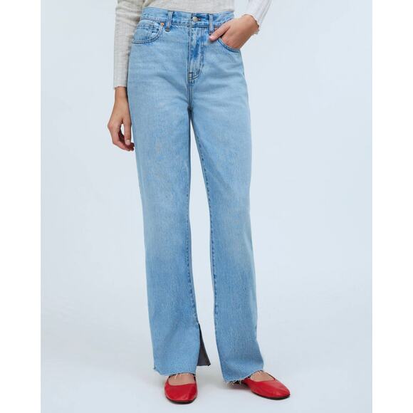 New Madewell Petite Baggy Straight Jeans in Seebald Wash Raw Hem Blue Size 33P
